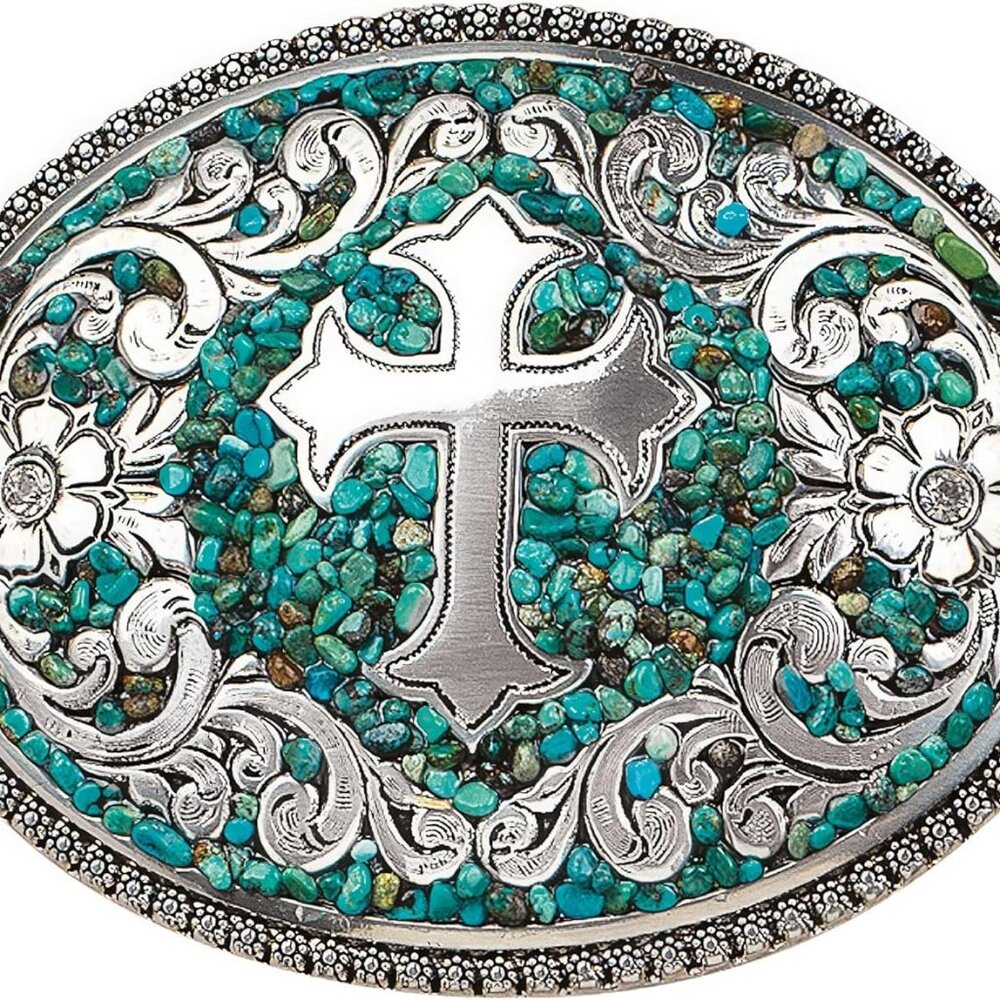 Blazin Roxx Women's Buckle with Silver Cross Motif and Turquoise Stones